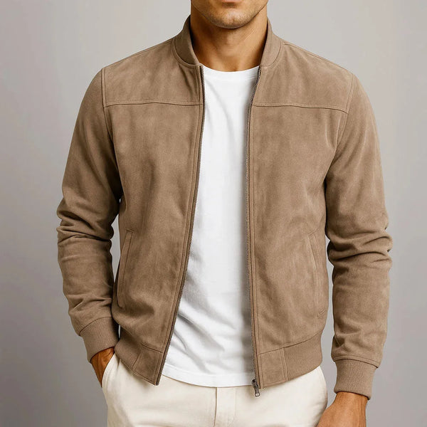 Brown Men's Slim Fit Bomber Jacket in Suede with Ribbed Cuffs