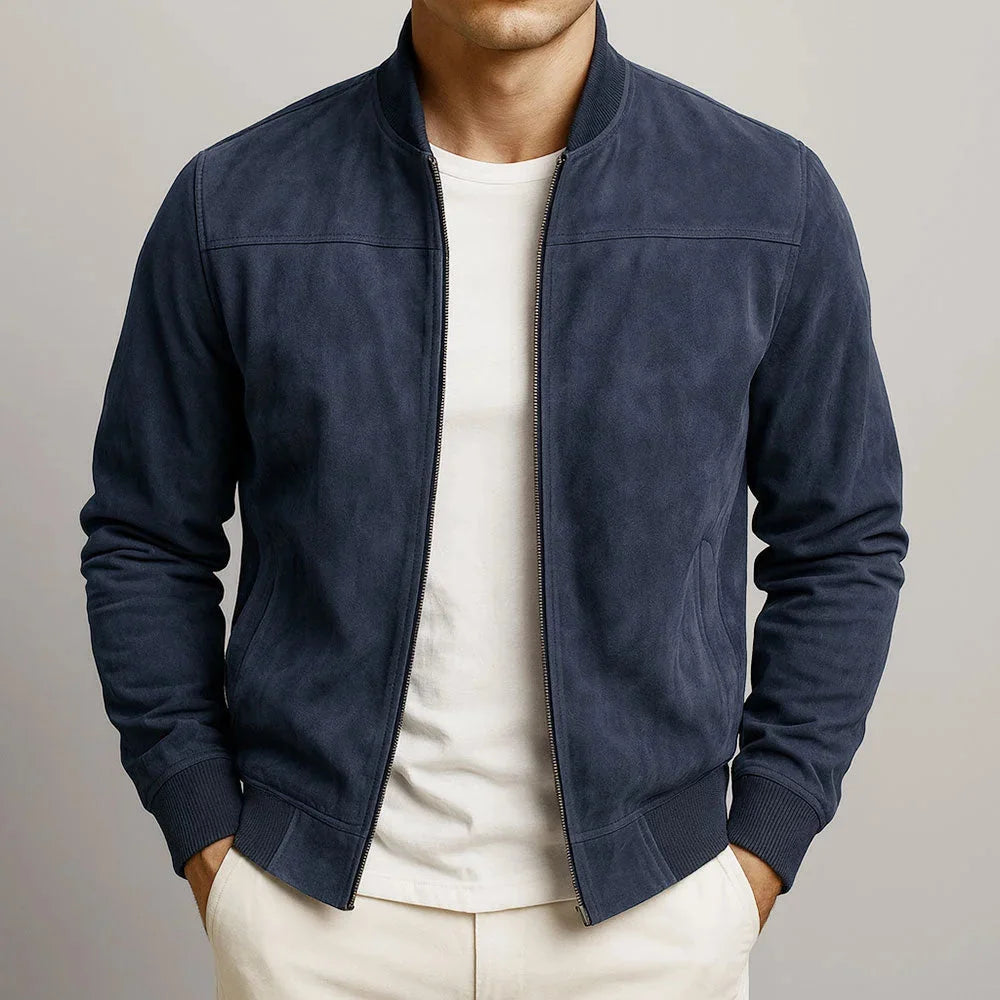 Dark Blue Men's Slim Fit Bomber Jacket in Suede with Ribbed Cuffs