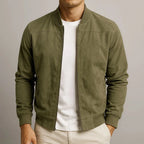 Green Men's Slim Fit Bomber Jacket in Suede with Ribbed Cuffs