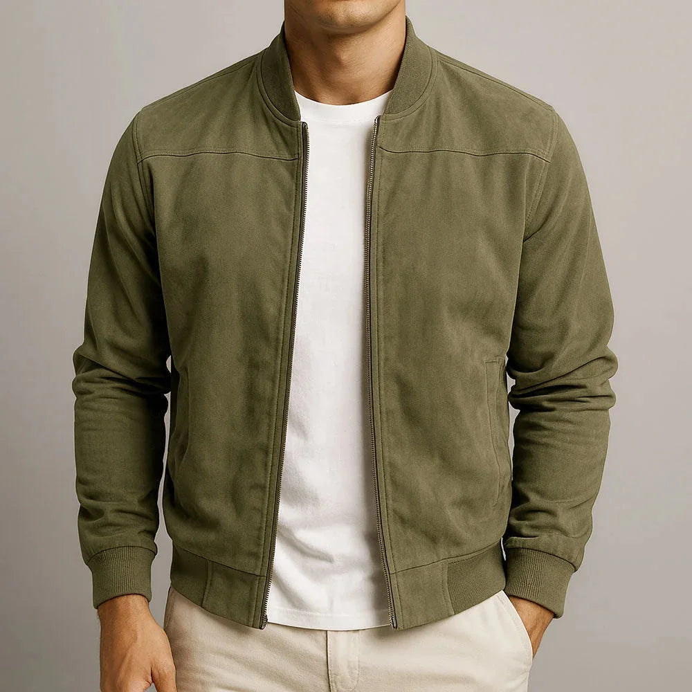 Green Men's Slim Fit Bomber Jacket in Suede with Ribbed Cuffs