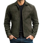 Army Green Men's Slim Fit Biker Jacket with Suede Finish & Zip Pockets