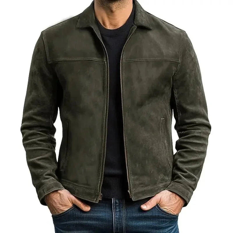 Army Green Men's Slim Fit Biker Jacket with Suede Finish & Zip Pockets