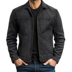 Black Men's Slim Fit Biker Jacket with Suede Finish & Zip Pockets