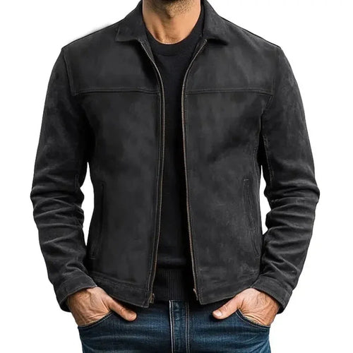 Black Men's Slim Fit Biker Jacket with Suede Finish & Zip Pockets