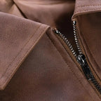 Brown Men's Slim Fit Biker Jacket with Suede Finish & Zip Pockets — Finn - Collar Detail