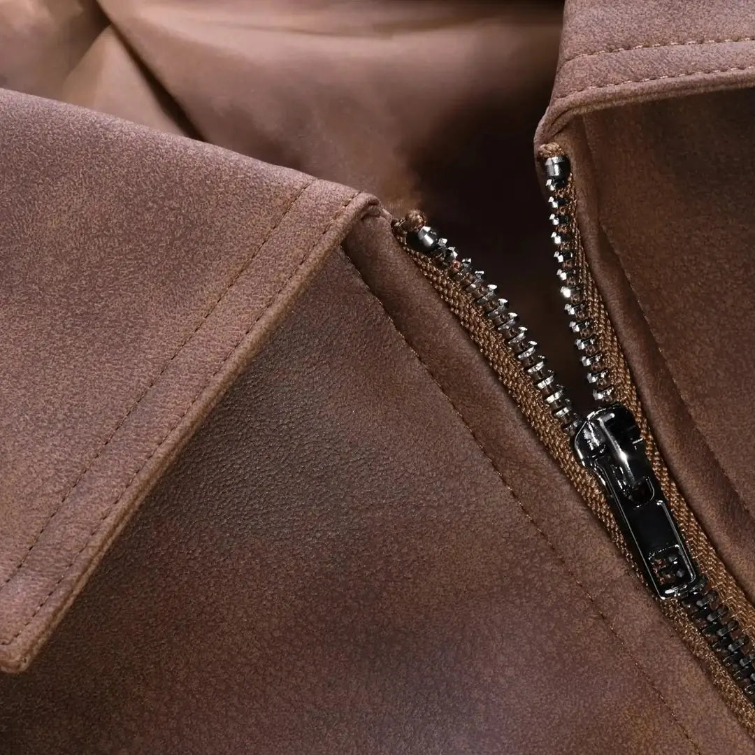 Brown Men's Slim Fit Biker Jacket with Suede Finish & Zip Pockets — Finn - Collar Detail