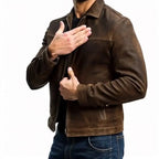 Brown Men's Slim Fit Biker Jacket with Suede Finish & Zip Pockets — Finn - Side Pose