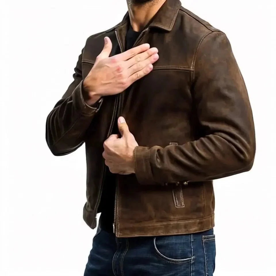Brown Men's Slim Fit Biker Jacket with Suede Finish & Zip Pockets — Finn - Side Pose