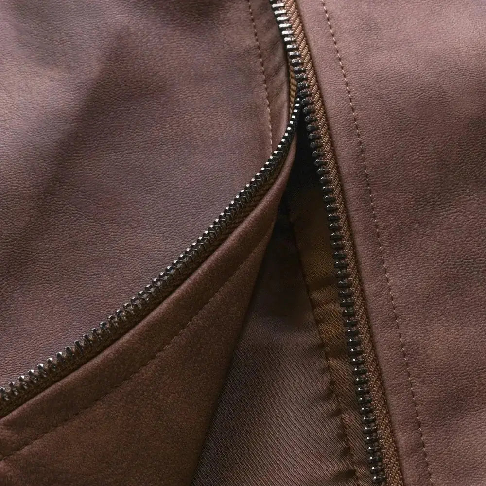 Brown Men's Slim Fit Biker Jacket with Suede Finish & Zip Pockets — Finn - Zipper Detail