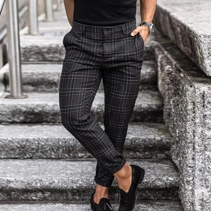 Black Men's Slim-Fit Plaid Trousers with Stretch Comfort & Tapered Ankle — Hugo