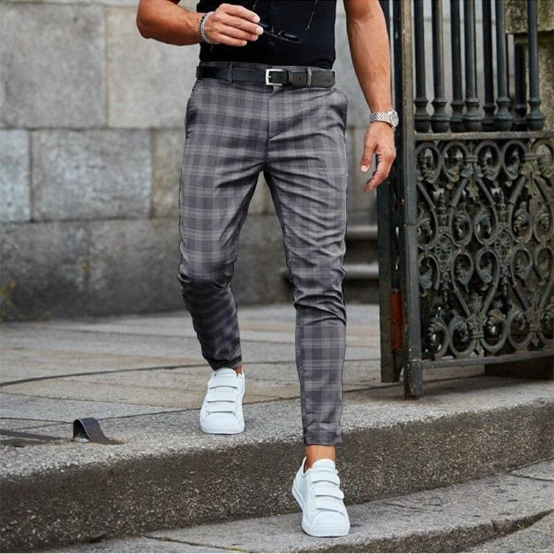 Dark Grey Men's Slim-Fit Plaid Trousers with Stretch Comfort & Tapered Ankle — Hugo