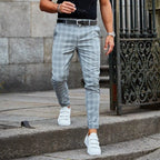 Grey Men's Slim-Fit Plaid Trousers with Stretch Comfort & Tapered Ankle