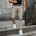 Khaki Men's Slim-Fit Plaid Trousers with Stretch Comfort & Tapered Ankle