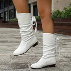 White Women's Block Heel Boots with Slouchy Lace-Up Design in Faux Leather — Bianca - Tiptoe Pose