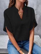 Black Women's Blouse with Split V-Neck & Draped Cape Sleeves — Rosalie