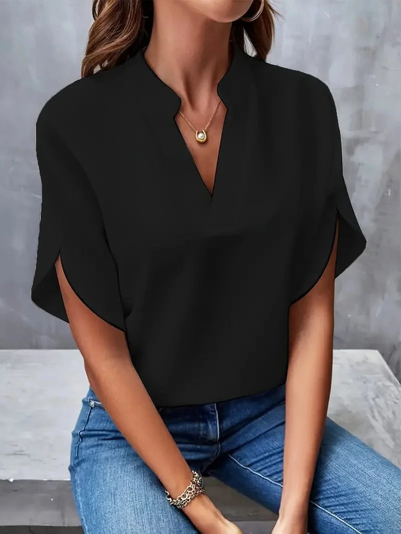 Black Women's Blouse with Split V-Neck & Draped Cape Sleeves — Rosalie