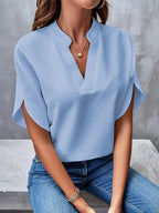 Blue Women's Blouse with Split V-Neck & Draped Cape Sleeves — Rosalie