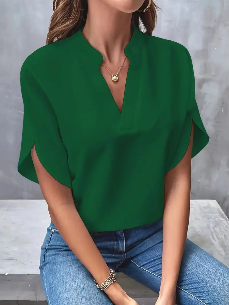 Green Women's Blouse with Split V-Neck & Draped Cape Sleeves — Rosalie