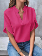 Pink Women's Blouse with Split V-Neck & Draped Cape Sleeves — Rosalie