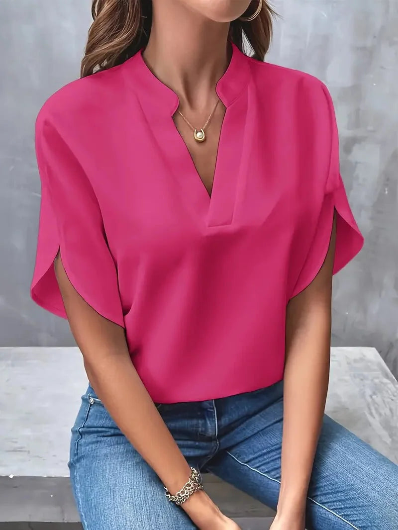 Pink Women's Blouse with Split V-Neck & Draped Cape Sleeves — Rosalie