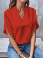 Red Women's Blouse with Split V-Neck & Draped Cape Sleeves — Rosalie