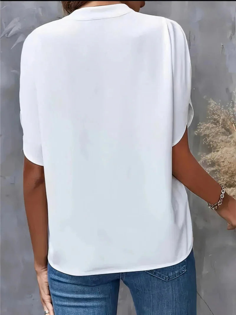 White Women's Blouse with Split V-Neck & Draped Cape Sleeves — Rosalie - Back Detail
