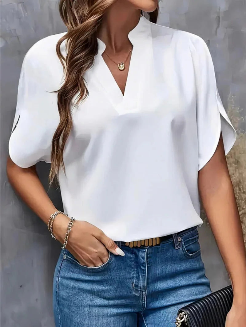 White Women's Blouse with Split V-Neck & Draped Cape Sleeves — Rosalie - Hand Pocket
