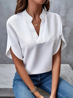 White Women's Blouse with Split V-Neck & Draped Cape Sleeves — Rosalie