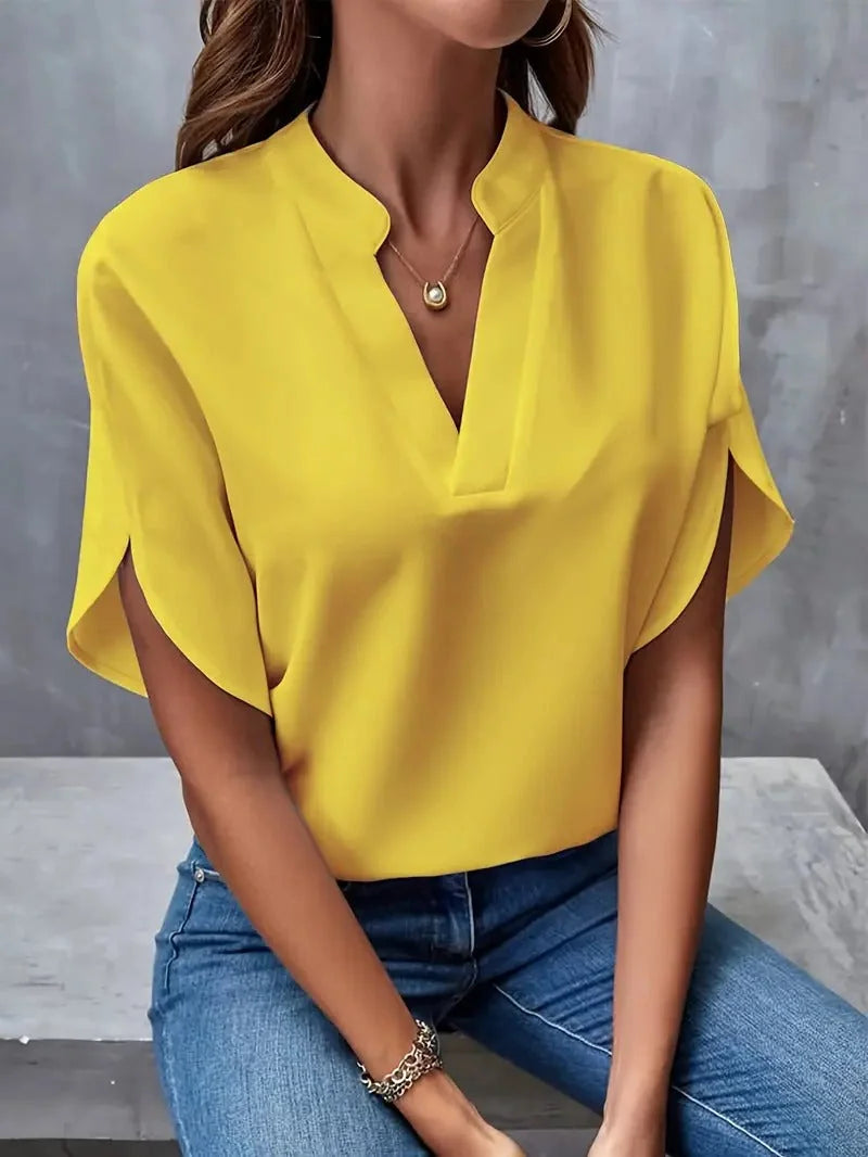 Yellow Women's Blouse with Split V-Neck & Draped Cape Sleeves — Rosalie