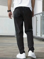 Black Men's Straight Leg Jeans with Zip-Fly Closure & Front Pockets — Benedict - Back Full Standing