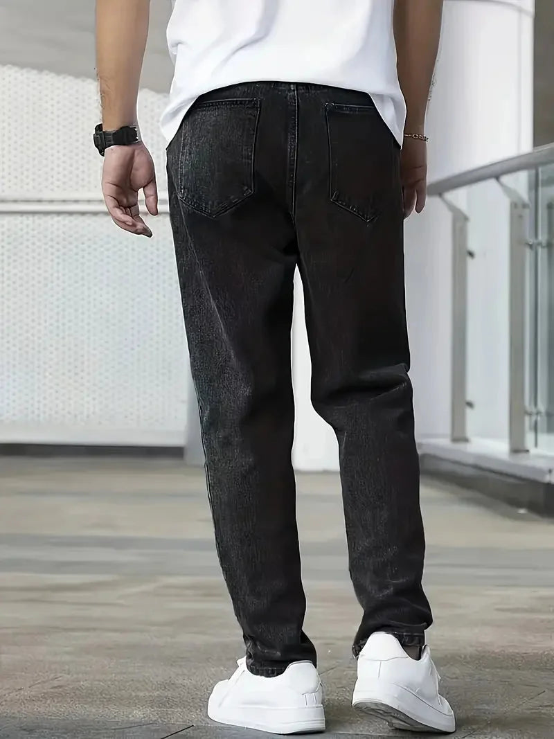 Black Men's Straight Leg Jeans with Zip-Fly Closure & Front Pockets — Benedict - Back Full Standing