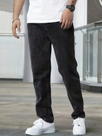 Black Men's Straight Leg Jeans with Zip-Fly Closure & Front Pockets — Benedict - Front Full Body