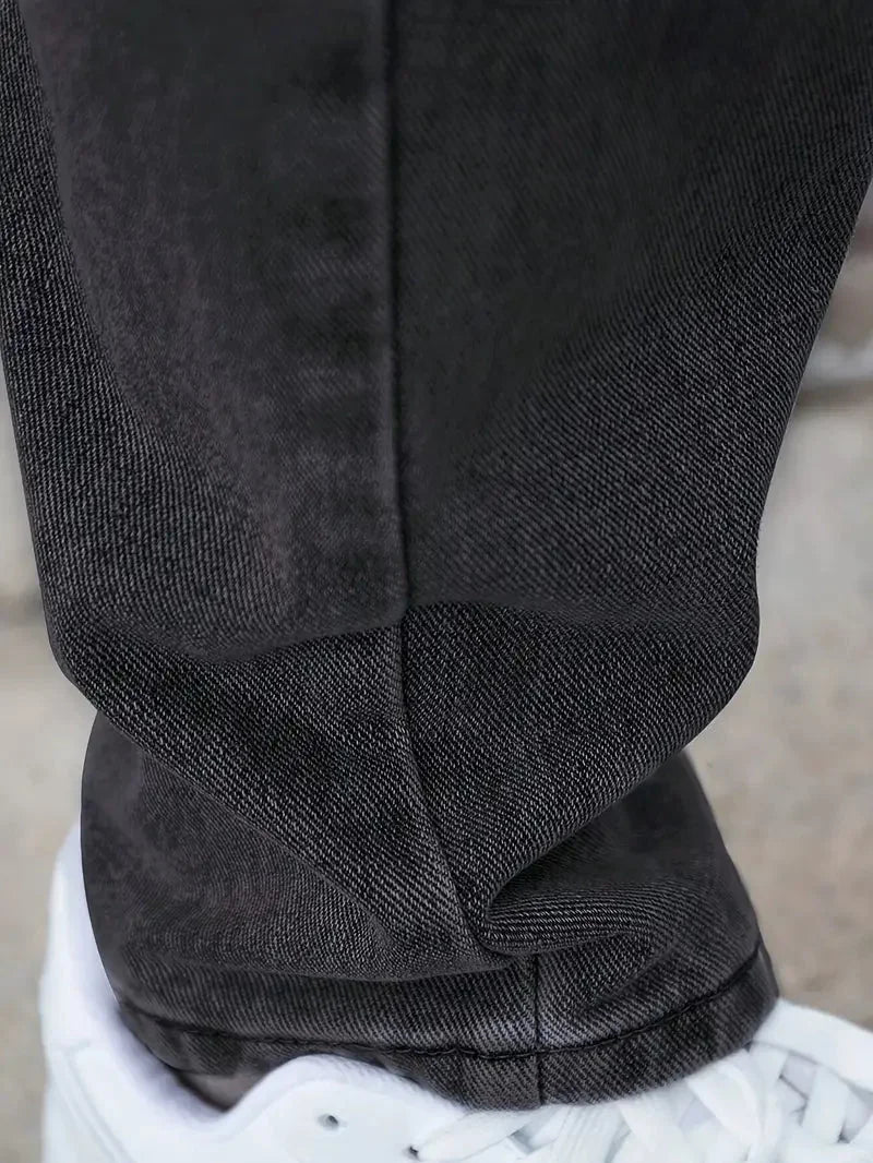 Black Men's Straight Leg Jeans with Zip-Fly Closure & Front Pockets — Benedict - Hem Fold Closeup