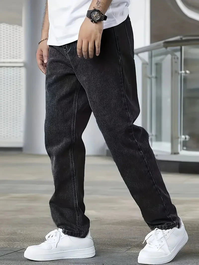 Black Men's Straight Leg Jeans with Zip-Fly Closure & Front Pockets — Benedict