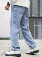 Blue Men's Straight Leg Jeans with Zip-Fly Closure & Front Pockets — Benedict - Back Side Walking