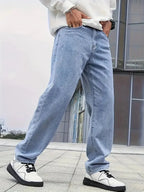 Blue Men's Straight Leg Jeans with Zip-Fly Closure & Front Pockets — Benedict