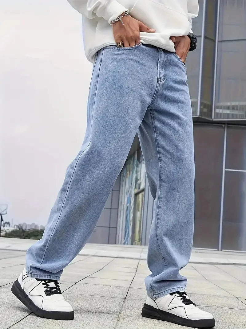 Blue Men's Straight Leg Jeans with Zip-Fly Closure & Front Pockets — Benedict