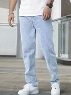 Light Blue Men's Straight Leg Jeans with Zip-Fly Closure & Front Pockets — Benedict - Front Full Standing