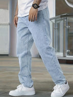 Light Blue Men's Straight Leg Jeans with Zip-Fly Closure & Front Pockets — Benedict