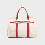 Fire Red Women's Luxury Handbag Structured Canvas Tote with Leather Trim & Turn-Lock Closure