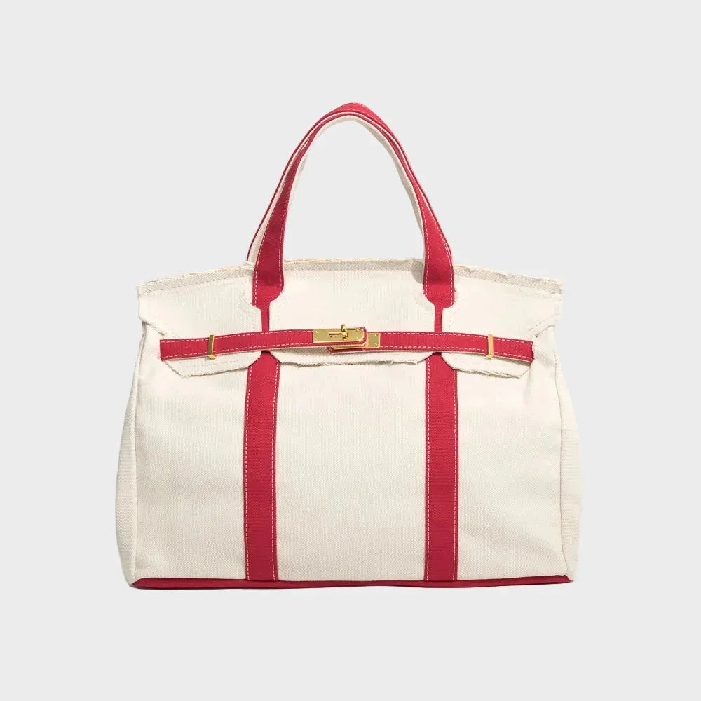 Fire Red Women's Luxury Handbag Structured Canvas Tote with Leather Trim & Turn-Lock Closure