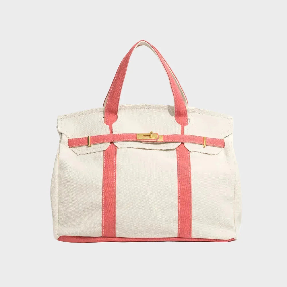 Lady Pink Women's Luxury Handbag Structured Canvas Tote with Leather Trim & Turn-Lock Closure