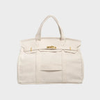 Linen White Women's Luxury Handbag Structured Canvas Tote with Leather Trim & Turn-Lock Closure