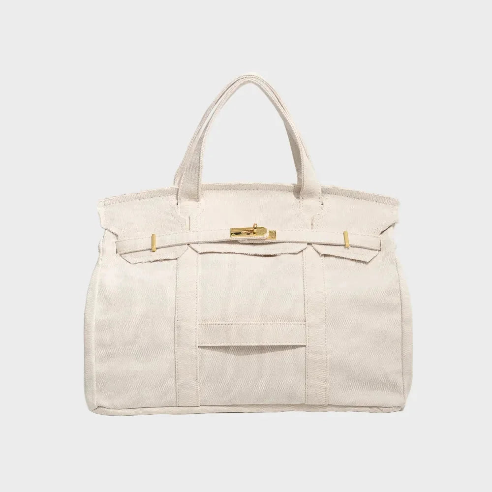 Linen White Women's Luxury Handbag Structured Canvas Tote with Leather Trim & Turn-Lock Closure