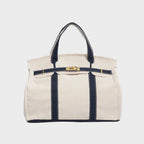 Navy Blue Women's Luxury Handbag Structured Canvas Tote with Leather Trim & Turn-Lock Closure