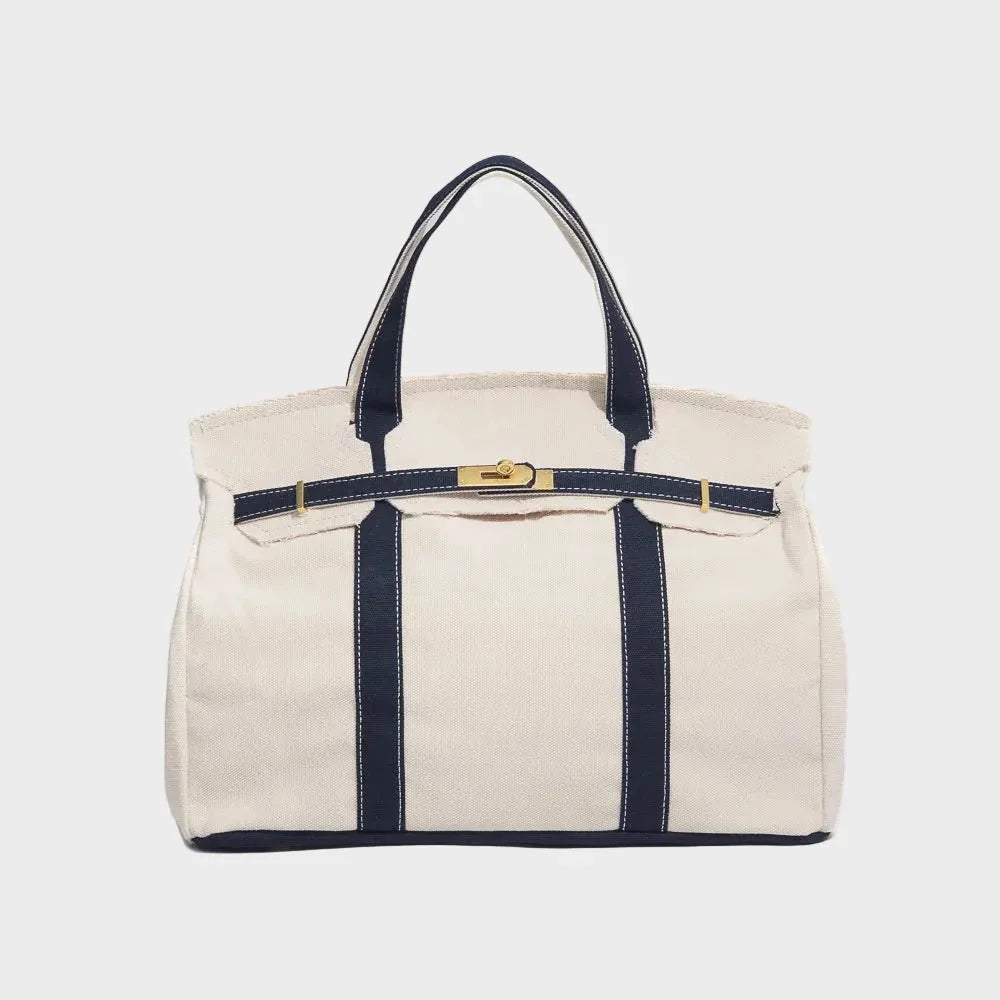 Navy Blue Women's Luxury Handbag Structured Canvas Tote with Leather Trim & Turn-Lock Closure