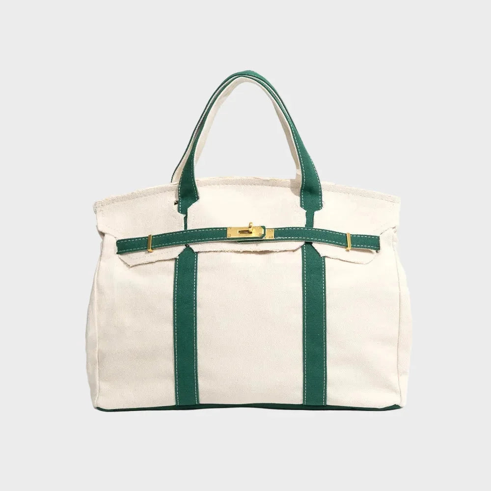 Racing Green Women's Luxury Handbag Structured Canvas Tote with Leather Trim & Turn-Lock Closure