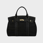 Solid Black Women's Luxury Handbag Structured Canvas Tote with Leather Trim & Turn-Lock Closure