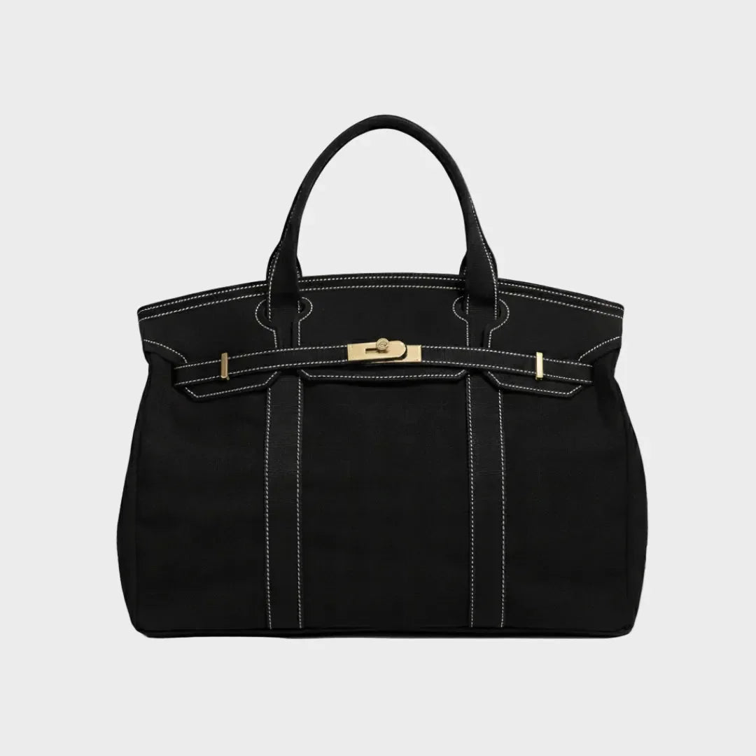 Solid Black Women's Luxury Handbag Structured Canvas Tote with Leather Trim & Turn-Lock Closure