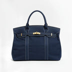 Solid Navy Blue Women's Luxury Handbag Structured Canvas Tote with Leather Trim & Turn-Lock Closure
